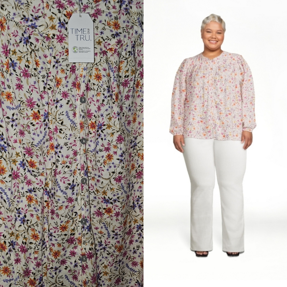 Time & Tru XL Boho Flow Puff sleeve top 16-18 floral multi new NWT